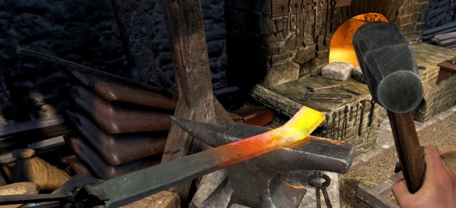 An anvil being used for crafting in Chronicles of Elyria.