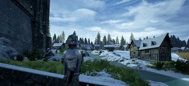 Screenshot showing the town of New Haven in the snow in Chronicles of Elyria.